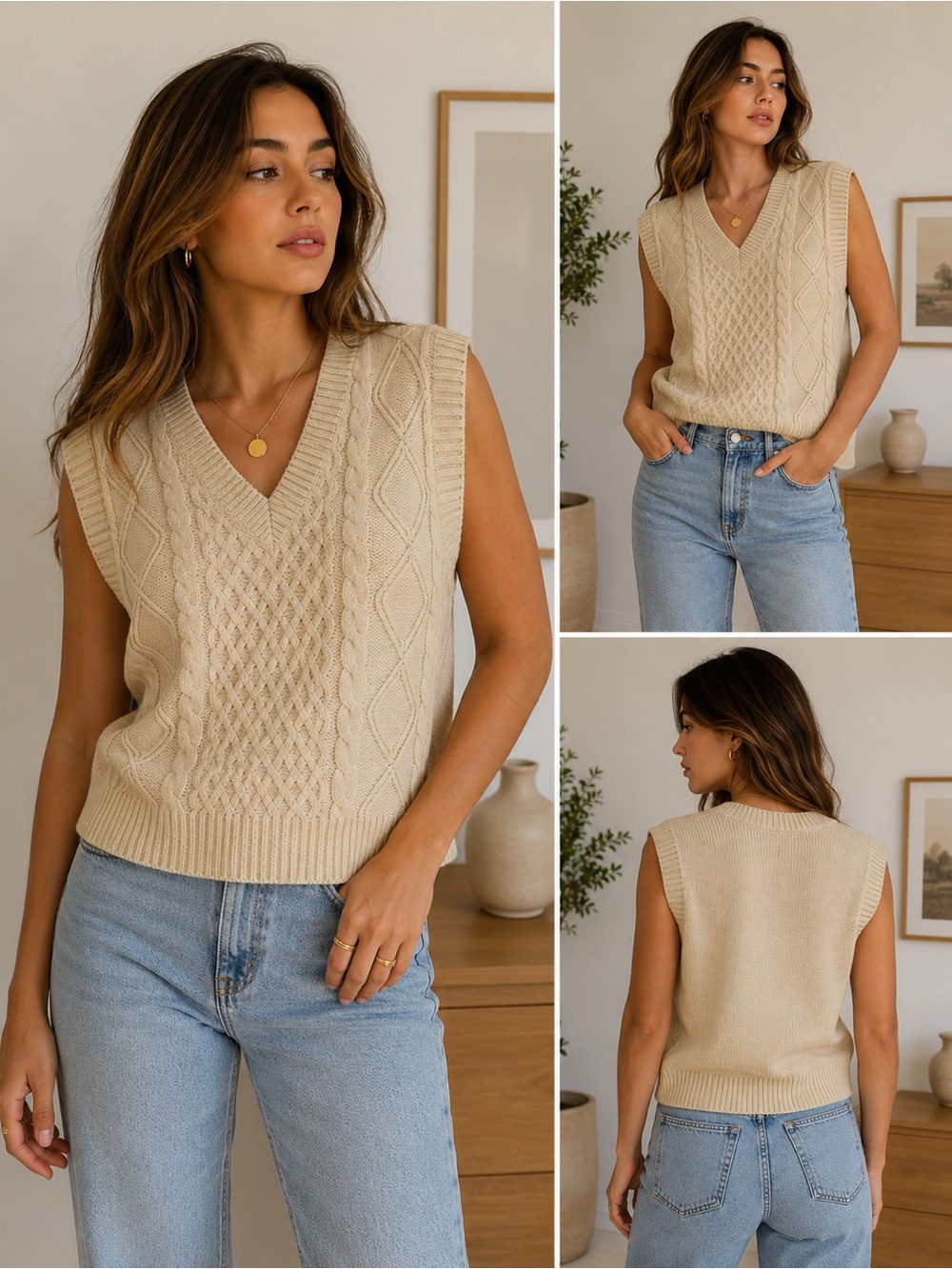 OAK + FORT Cream Oatmeal CableKnit V-Neck Sweater Vest Size S Preppy Style beige